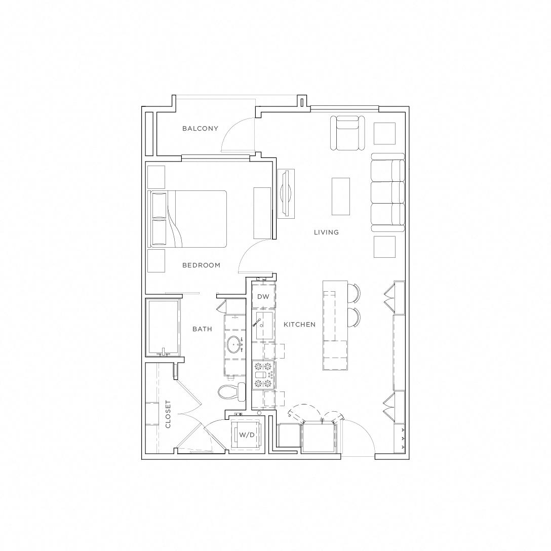 Floor plan for 1 bed, 1 bath, 690 sqft